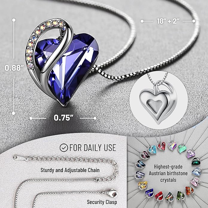 Leafael Necklaces for Women, Infinity Love Birthstone Heart Crystal Pendant, Birthday Jewelry Gifts for Her, Mom, and Wife, Silver Plated, 18 plus 2 inch Adjustable Chain