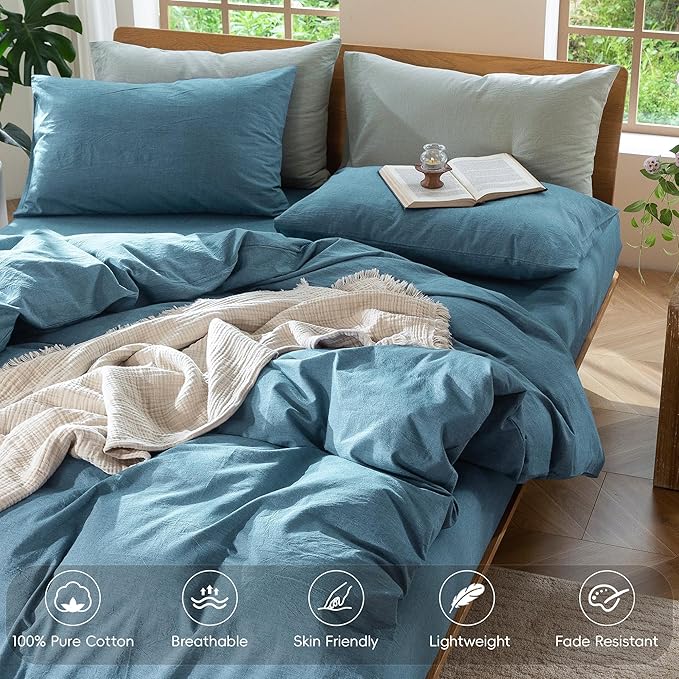 MooMee Bedding Duvet Cover Set 100% Washed Cotton Linen Like Textured Breathable Durable Soft Comfy (Heathered Peacock Blue, Super King 108"x98")