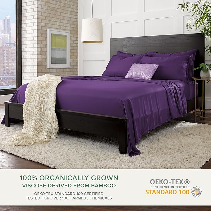 Pure Bamboo Queen Sheets, Genuine 100% Organic Viscose Derived from Bamboo Bed Sheet Set, Luxuriously Soft & Cooling, Double Stitching, 2 Year Quality Promise (Queen, Purple)