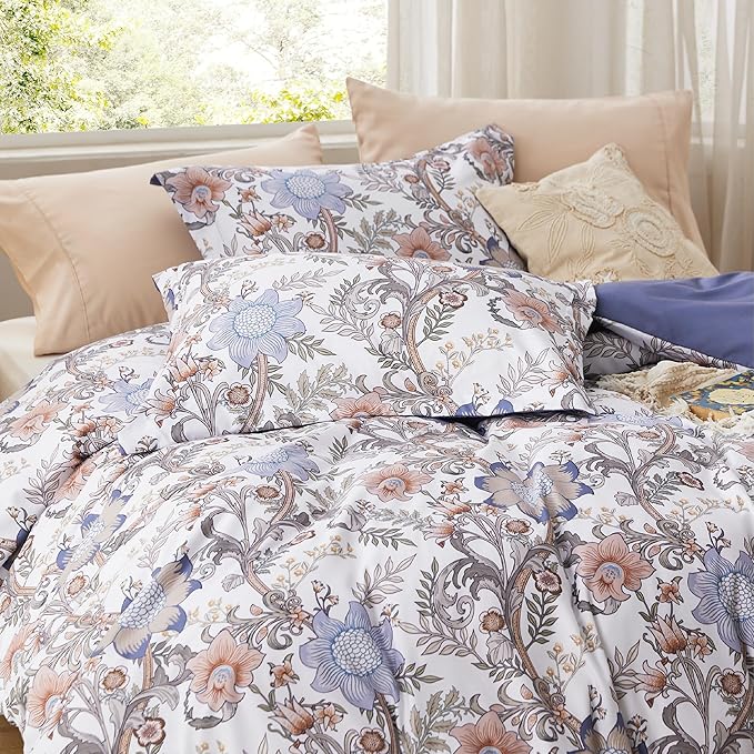 Bedsure Duvet Cover Queen Size - Reversible Blue Floral Duvet Cover Set with Zipper Closure, 3 Pieces Blossom Patterned Bedding Set with 8 Corner Ties and 2 Pillow Shams 20"x26"