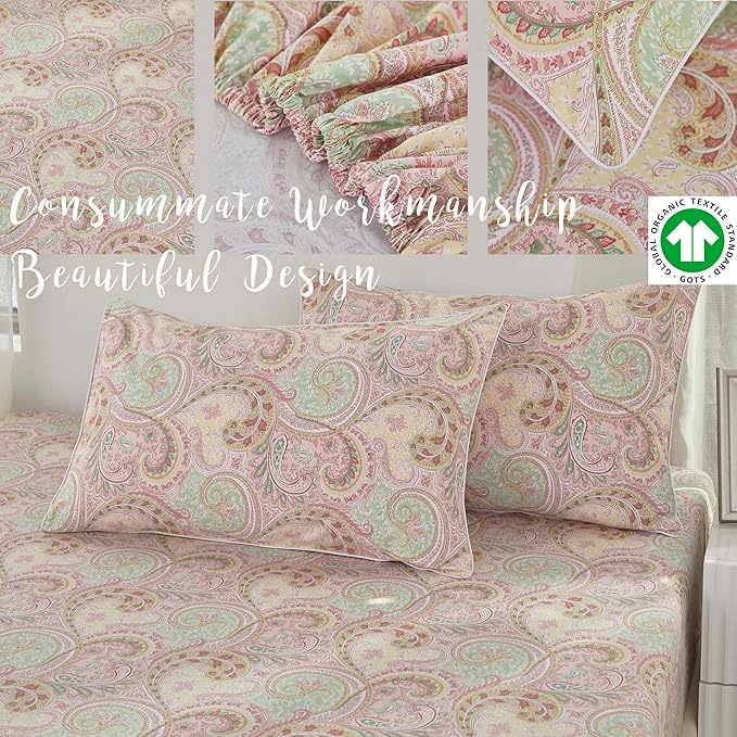 Brandream Bed Sheet King Size Boho Paisley Bedding Pink Watercolor Farmhouse Sheets Set Luxury Bedding Collections 800 Thread Count 100% Egyptian Cotton Deep Pocket, 4 Piece