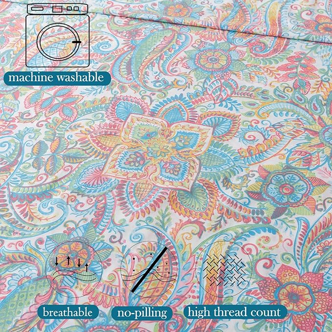 Zusbest California King Floral Sheets 100% Cotton Pink Green Paisley Bed Sheet Set Watercolor Bedding Luxury Soft Breathable Crispy Cooling Percale Sheets 17.5'' Deep Pocket Sheets Cal King, 4 Pieces