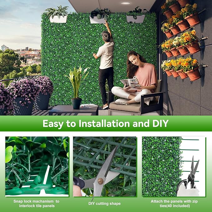 EverNture 40"x120"(33.3 SQFT) Grass Wall Panels, Artificial Grass Backdrop, Fake Greenery Plant Boxwood Roll with Flower, Green Wall Decor for Outdoor Indoor Patio Garden Backyard