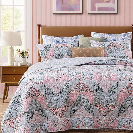 Quilt Set Queen Size, Patchwork Pink Floral Quilt Sets, Reversible Bedspread Lightweight and Breathable for All Seasons, Soft Quilted Bedspread with 2 Pillow Shams