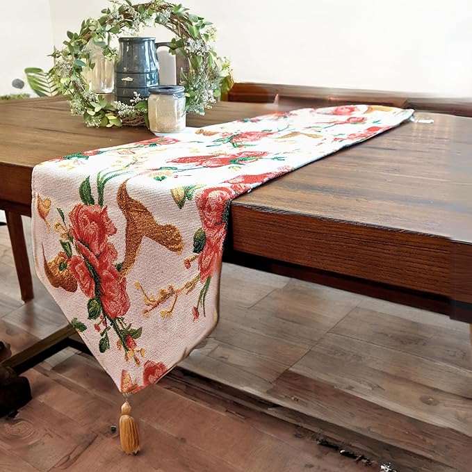Tache Floral Red Roses Birds Ivory Woven Table Runner - Vintage Tapestry Kitchen Dining Dinner Linens Cloth - 13 x 72 inches