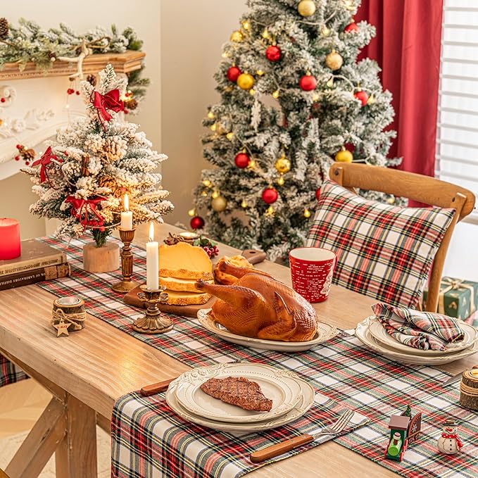 Red White Plaid Christmas Table Runner, Winter Holiday Table Runners 108 inches Long ，Xmas Decorations Indoor Outdoor Farmhouse Home Kitchen Dining Party Decor