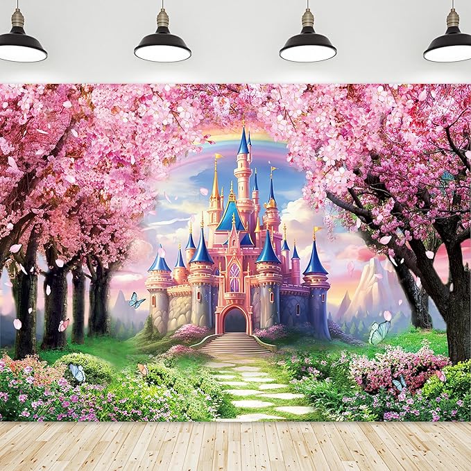 Riyidecor Princess Castle Backdrop Rainbow Pink Sakura Flowers Floral Fantasy Fairy Tale Wonderland 7Wx5H Feet Photography Background Birthday Wedding Party Photo Studio Shoot Polyester Fabric
