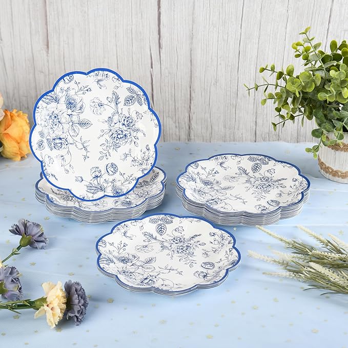 Blue Floral Party Plates - Vintage Leaf Disposable Paper Plates, Wildflower Toile 7" Scalloped Rim Dessert Plates for Christmas, Birthday, Bridal Tea Party Supplies (24 Count)