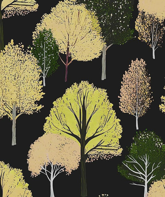 Forest Wallpaper Peel and Stick, Back/Green/Yelllow Trees Contact Paper,Abstract Woodland Landscape Wall Mural Self Adhesive Waterproof Removable for Bathroom Shelves Cabinet Drawer Table 17.5" x 118"