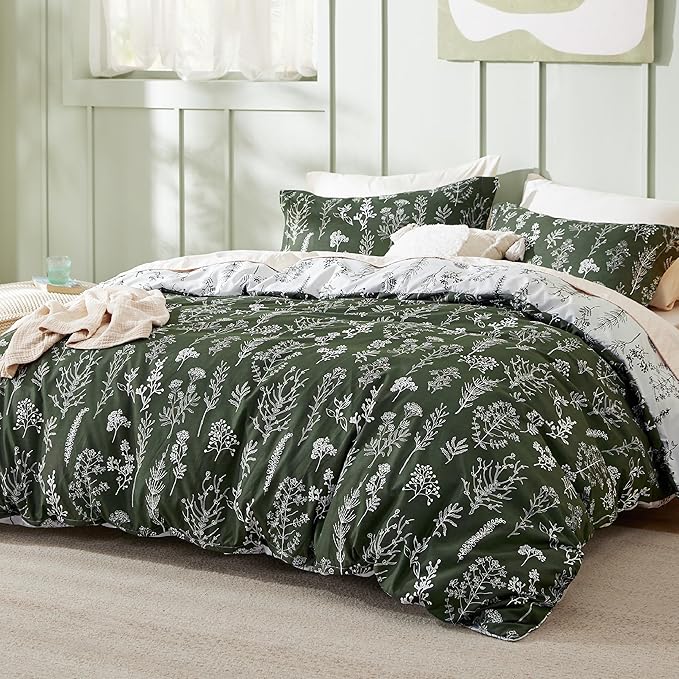Bedsure Queen Comforter Set - Dark Olive Green Bed Set, 3 Pieces Cute Floral Bedding, 1 Soft Reversible Botanical Flowers Comforter and 2 Pillow Shams
