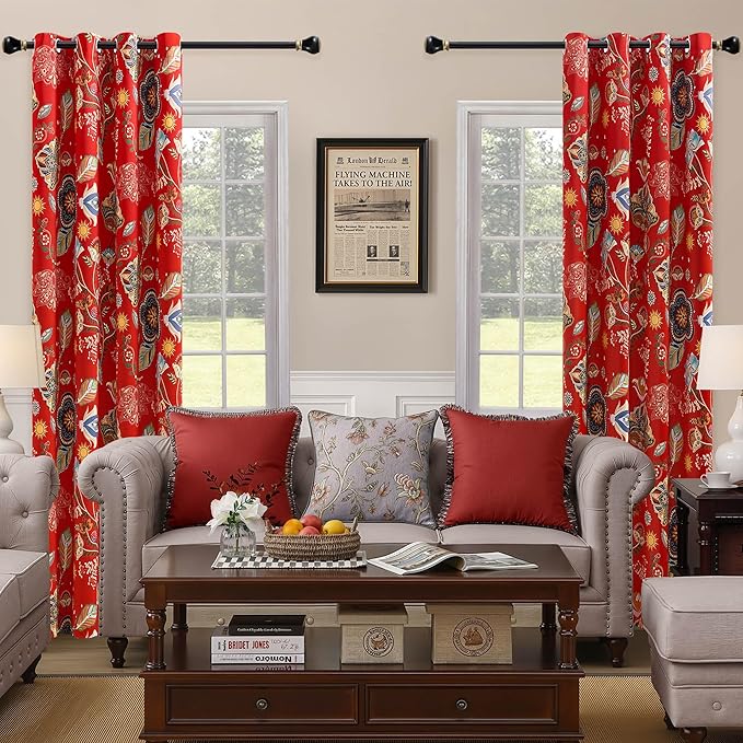 XiDi Red Floral Curtains 102 Inches Long 2 Panels 100% Blackout Vintage Botanical Leaf Patterned Curtains for Living Room Bedroom Thermal Insulated Room Darkening Luxury Colorful Drapes Grommet 52x102