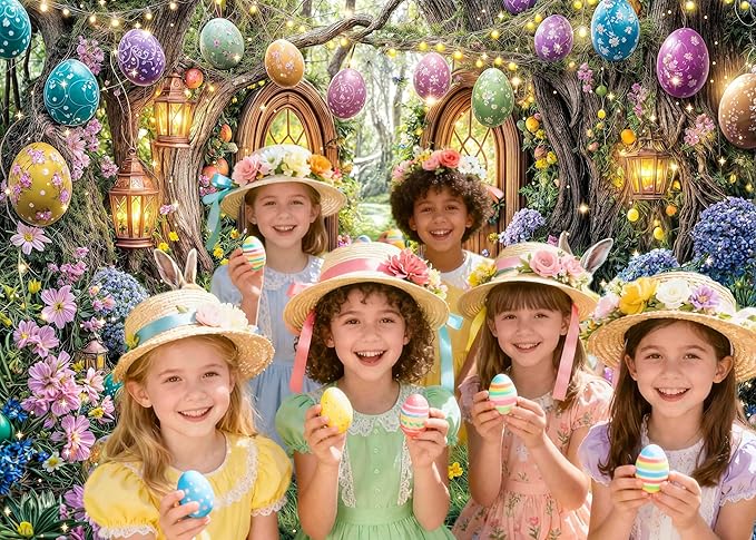 7X5ft Enchanted Forest Easter Backdrop Fairy Tale Rabbit Magic Garden Easter Egg Wonderland Floral Photography Background for Kids Girls Party Decoration Cake Table Photo Booth Props