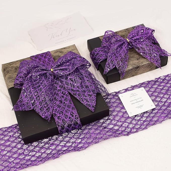 VATIN 4" Purple Christmas Ribbon, Purple Glitter Mesh Diamond Web Sequin Dots Wired Christmas Ribbon for Gift Wrapping Bow Making Wreath Supply-10 Yards
