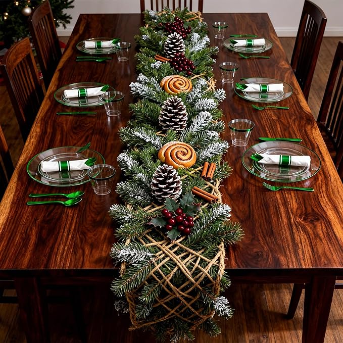 SUT 175 Pcs Green and Clear Plastic Dinnerware Set for 25 Guests, Include: 25 Dinner Plates, 25 Dessert Plates, 25 Pre Rolled Napkins With Silverware, 25 Cups, Disposable Plates for Party, Christmas