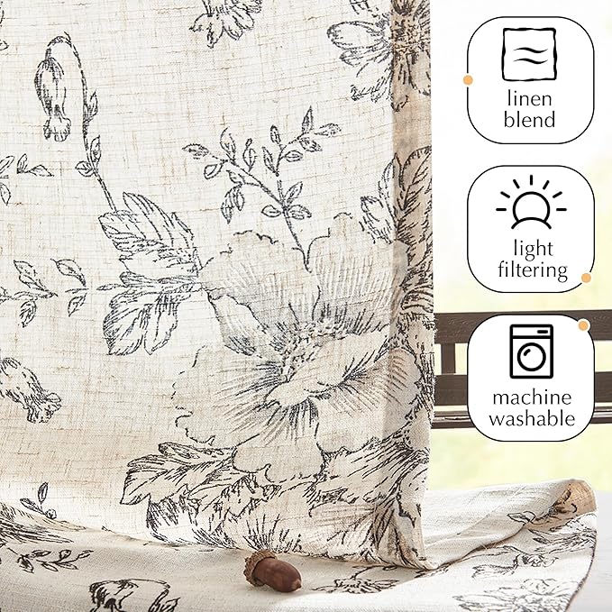 JINCHAN Pinch Pleated Curtains Floral Linen Blend Curtains for Living Room 108 Inches Length Black Peony Flower Printed Curtain Rod Pocket Back Tab Farmhouse Pinch Pleat Drapes with Hooks Set 2 Panels