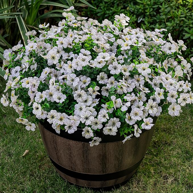 20 Bundles Artificial Flowers for Outdoor Fake Plants for Spring Decoration,Faux Eucalyptus Flowers for Planter UV Resistant Lifelike for Home Porch Garden（White）