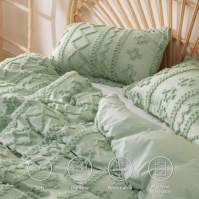 Bedsure Boho Twin Duvet Cover, Soft & Comfortable Elegant Design Boho Bedding for Decoration, Machine Washable Comforter Cover for All Seasons,Includes 1 Duvet Cover & 1 Pillow Sham,Light Green