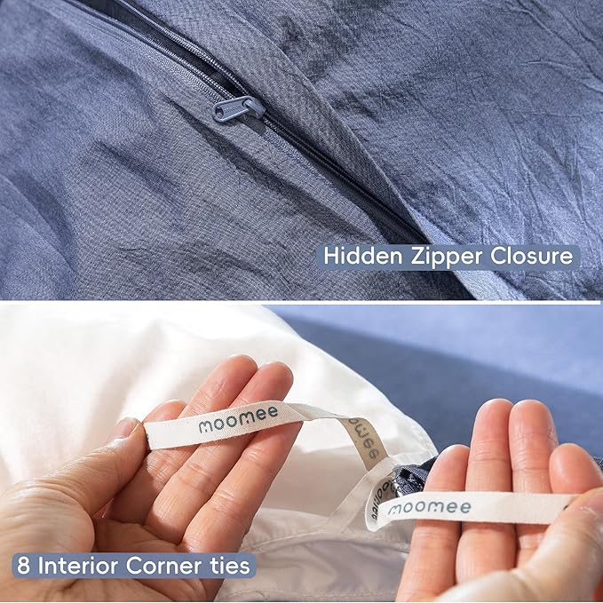 MooMee Bedding Duvet Cover Set 100% Washed Cotton Linen Like Textured Breathable Durable Soft Comfy (Heathered Blue, Oversized King Plus 128"x120")