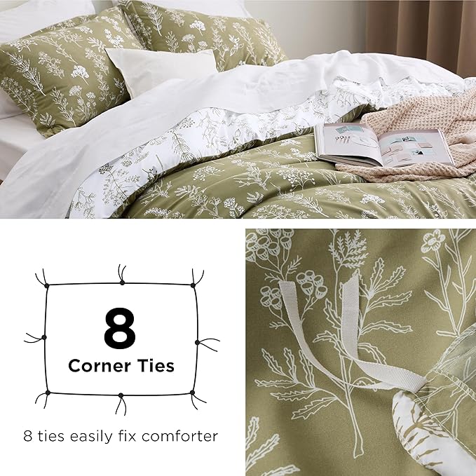 Bedsure Duvet Cover Queen Size - Reversible Olive Green Queen Duvet Cover Set with Zipper Closure, 3 Pieces Floral Patterned Bedding Set with 8 Corner Ties and 2 Pillow Shams