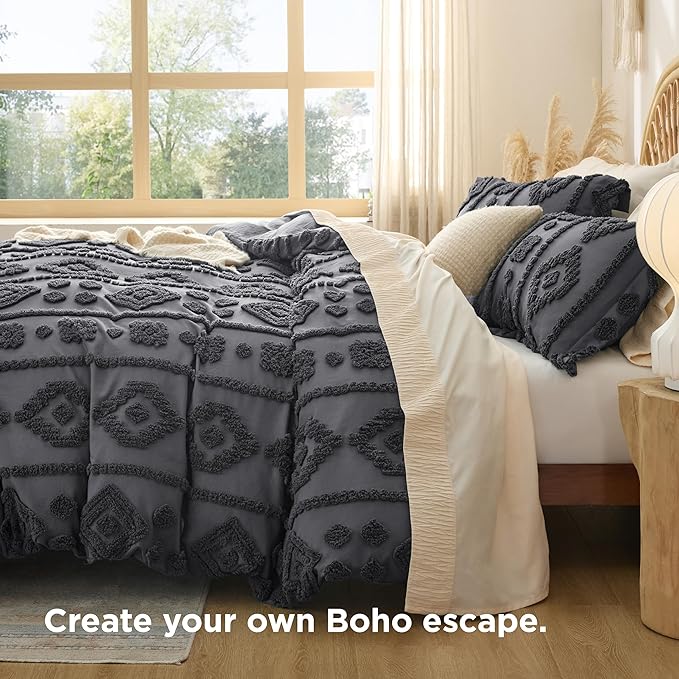 Bedsure Boho Duvet Cover Queen Size - Dark Grey Tufted Boho Bedding, Farmhouse Shabby Chic Embroidery Bedding for All Seasons, 3 Pieces, 1 Soft Jacquard Queen Comforter Cover and 2 Pillow Shams