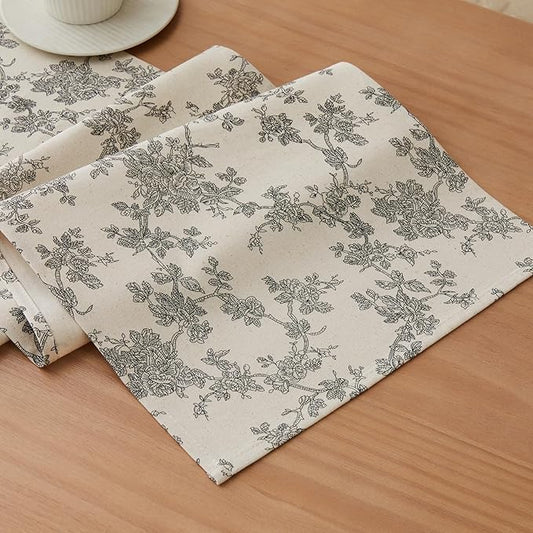 100% Cotton French Pastoral Table Runners, 13x48 Inch Black Farmhouse Table Runners 48 Inches Long, Vintage Flowers Print Home Decors
