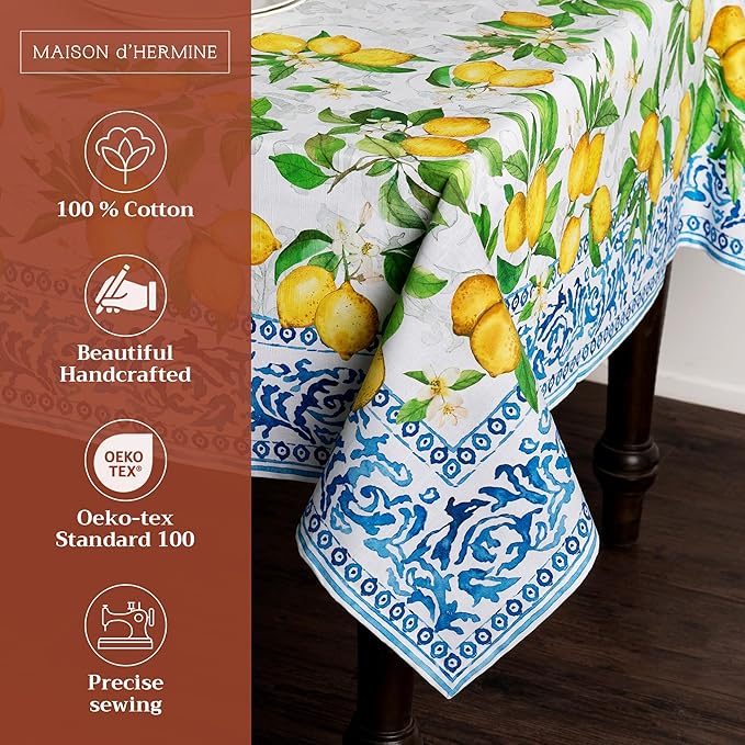 Maison d' Hermine Table Cloth Square Table 100% Cotton 54 x 54 Inches Tablecloth Reusable Decorative Everyday Use for Dining Room, Farmhouse, Home, Party, Festive & Wedding Spring Summer - Cedrat