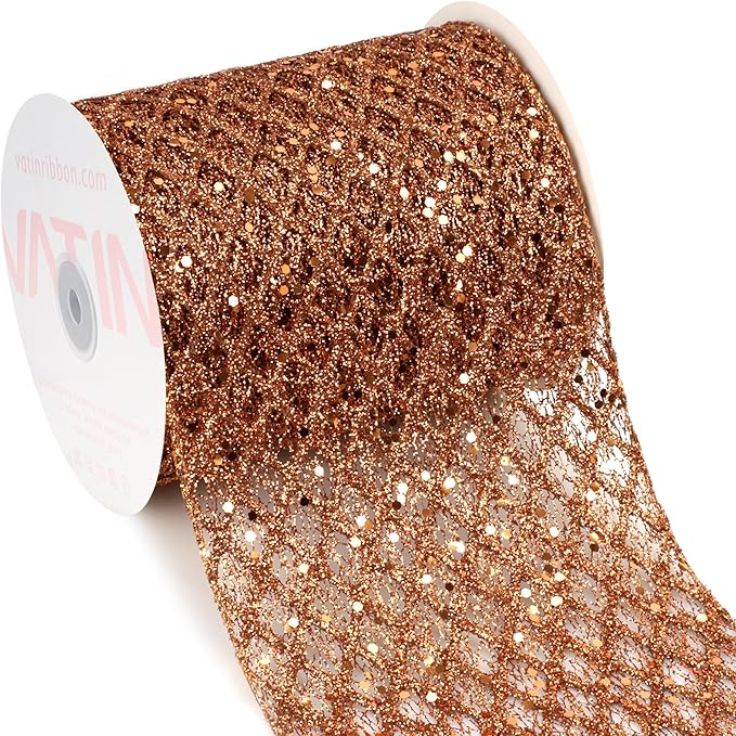 VATIN 6" Copper Christmas Ribbon, Copper Glitter Mesh Diamond Web Sequin Dots Wired Christmas Ribbon for Gift Wrapping Bow Making Wreath Supply-10 Yards