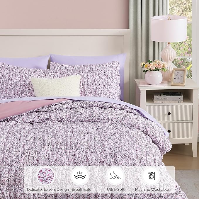 Queen Comforter Set - 7 Pieces Light Purple Puff Floral Bedding Sets for All Seasons, Shabby Chic Farmhouse Bed in a Bag Queen with Wildflowers Fluffy Comforter, Sheets, Pillowcases & Shams