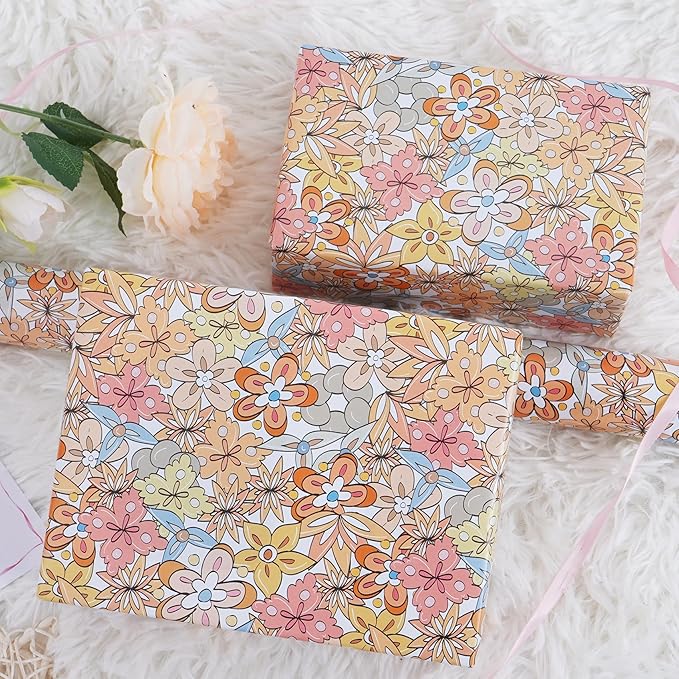 RayofSun Floral Wrapping Paper Roll 17 inch x 16.5 ft Mini Roll Boho Vintage Flower Gift Wrap All Occasion Wedding Birthday Bridal Shower Party Baby Shower Christmas