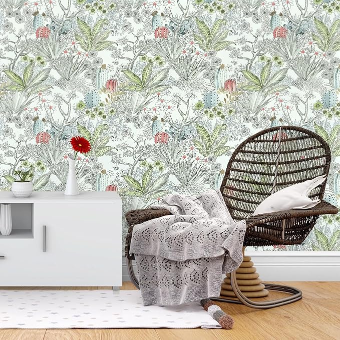 Wudnaye Boho Peel and Stick Wallpaper Catus Wallpaper 17.7" x 118.1"Vintage Floral Wallpapers Peel and Stick Botanical Removable Wall Paper Boho Self Adhesive Contact Paper for Bathroom Cabinets