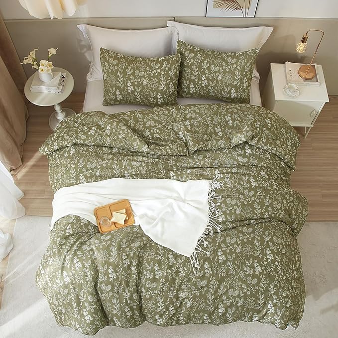 EAVD Vintage Style Garden Olive Green Floral Duvet Cover Full Soft Cotton Chic Shabby Cute Floral Bedding Set with 2 Pillowcases Fresh Reversible Botanical Duvet Cover with Zipper Closure