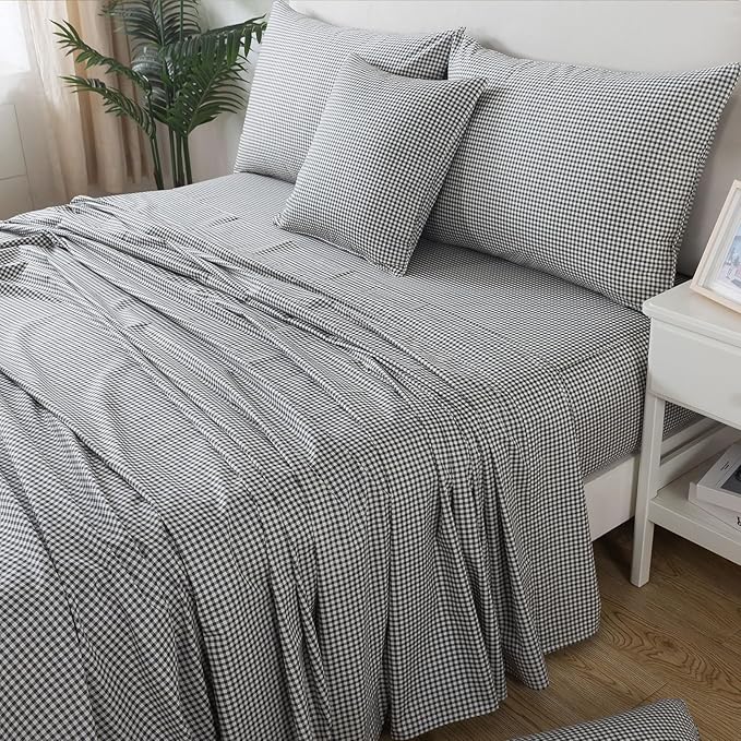 FADFAY Black Plaid Twin Size Sheets 100% Cotton Geometric Checker Bedding Teens Grid White Gingham Pattern College Bedding Deep Pocket Sheets with 2 Pillowcases Ultra Soft 4pcs, Twin Size