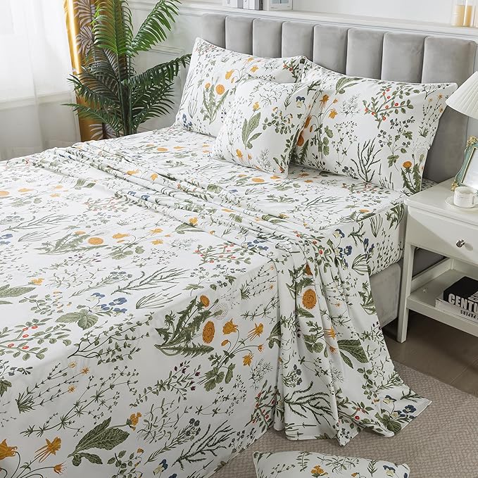 FADFAY 100% Egyptian Cotton Sheets Cal King Botanical Printed Floral Sheets Yellow Flowers & Leaves Pattern Farmhouse Bedding Soft and Breathable French Country Bedding 4Pcs Deep Pocket Sheet Set