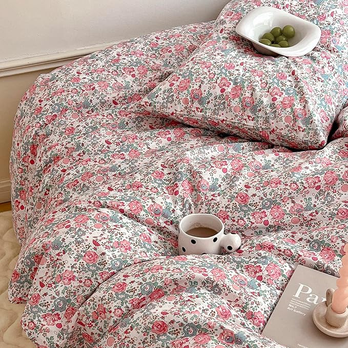 Girl Duvet Cover Twin Pink Floral Bedding Set - Shabby Chic Boho Cotton Coquette Duvet Cover Set Twin Size - Comforter Cover with Zipper Ties,3 Piece Bed Set(1 Duvet Cover 68"x86" and 2 Pillow Shams)