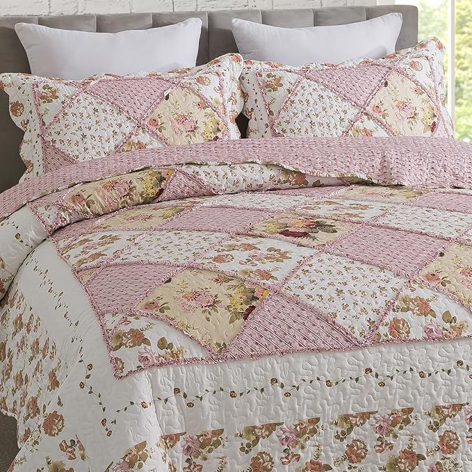 Travan 3-Piece Quilt Set Quilted Bedspread Lightweight Coverlet Set Garden Style Floral Printed Oversized Quilted Bedding Set with Shams for All Season, Exquisite, Queen Size