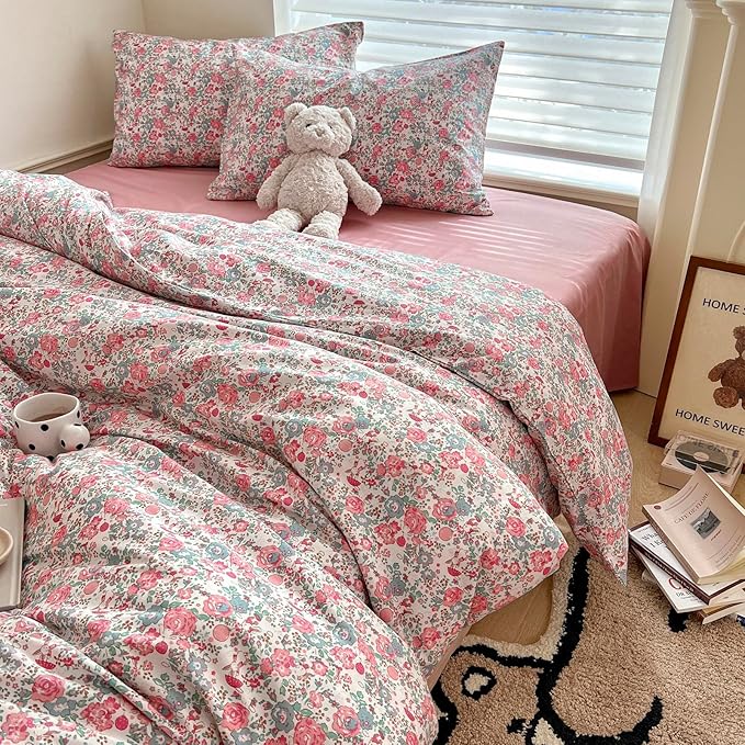 HighBuy Girl Duvet Cover Twin XL Pink Floral Bedding Set - Shabby Chic Boho Cotton Coquette Duvet Cover Set Twin Size - Comforter Cover Set,3 Piece Bed Set(1 Duvet Cover 68"x90" and 2 Pillow Shams)