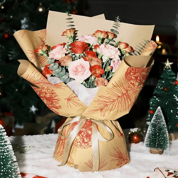 LeZakaa 20 Sheets Kraft Christmas Flower Wrapping Paper, Red Pinecone and Branches on Kraft Floral Bouquet Paper Gift Wrap for Christmas Party Packaging, Winter Woodland-themed Holiday decor