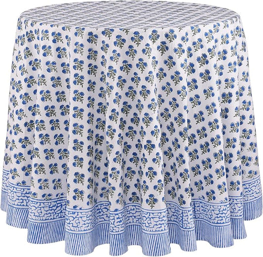 ATOSII Gulbahar Blue 100% Cotton Fall Round Tablecloth, Handblock Print Floral Table Cloth for Kitchen Dining Linen I Thanksgiving, Christmas, Weddings, Outdoors, Parties I 90" Inches Diameter