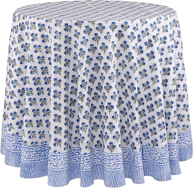 ATOSII Gulbahar Blue 100% Cotton Fall Round Tablecloth, Handblock Print Floral Table Cloth for Kitchen Dining Linen I Thanksgiving, Christmas, Weddings, Outdoors, Parties I 60" Inches I 4 Seater Table