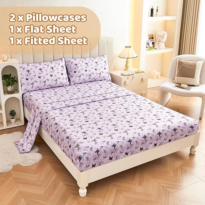 Softan Purple Floral Bed Sheets Full, Paisley Flower Printed Sheet Set, Cozy Microfiber Fitted Sheet with 15" Deep Pocket & Non-Slip Straps, Butterfly Patterned Sheets & Pillowcase Set