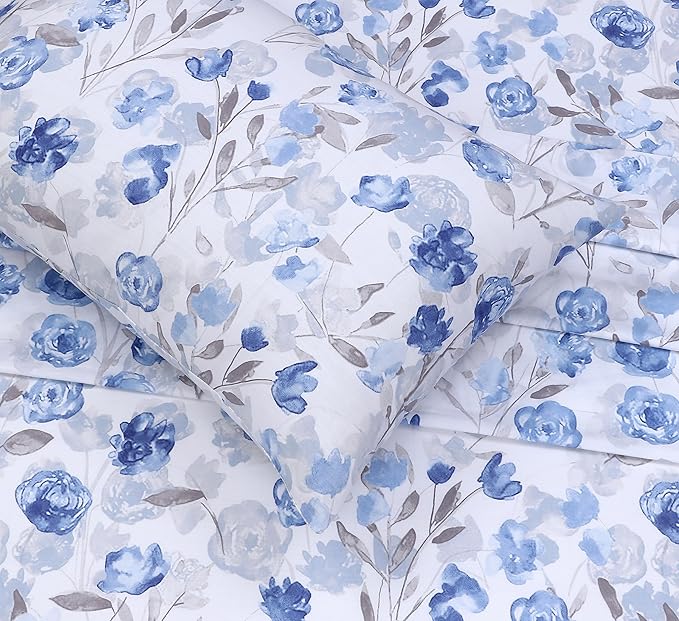 RUVANTI 100% Cotton Sheets Queen Size Set, 4 Pieces, Soft & Breathable Percale Weave Bedding, Deep Pocket 16", Hotel Standard, Crisp Cool Feeling, Durable, Perfect Floral Bed Sheet, Monotones