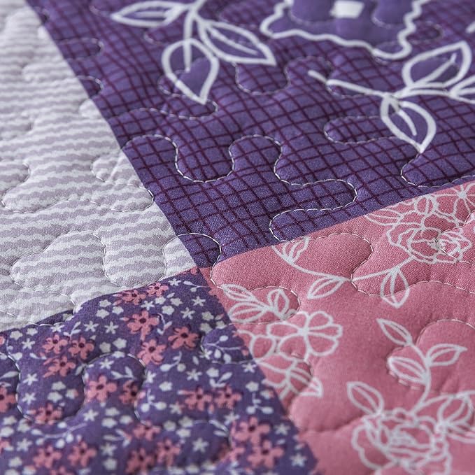 HoneiLife Quilt Set Queen Size - 3 Piece Microfiber Reversible Bedspreads Patchwork Coverlets Floral Bedding Set All Season Quilts with Geometric and Little Rose Print Pattern