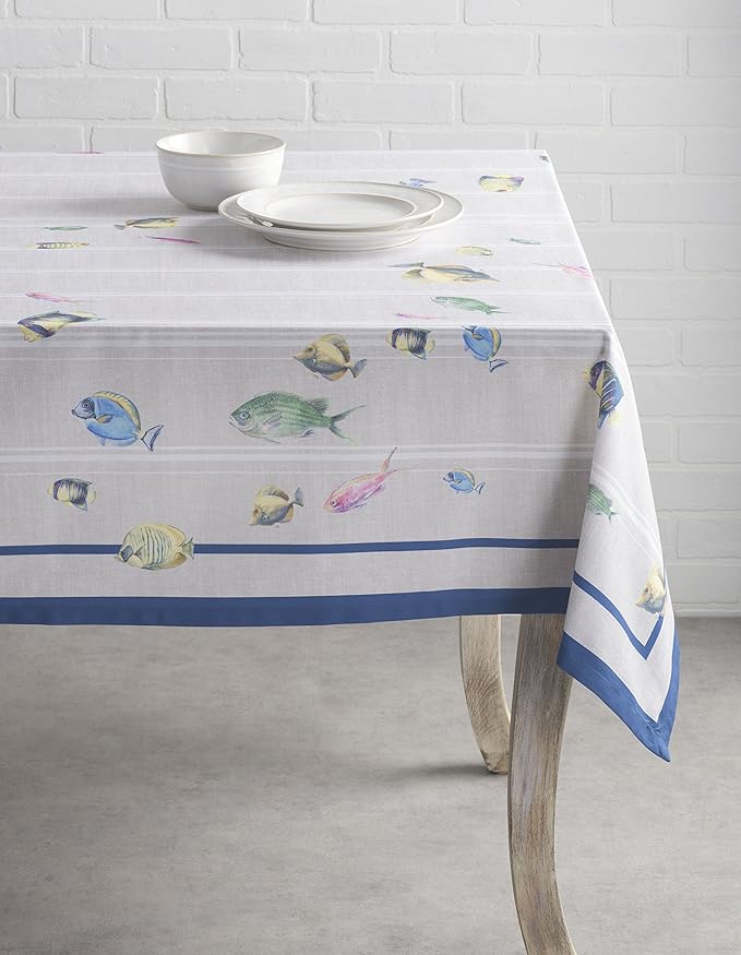 Maison d' Hermine Table Cloth Square Table 100% Cotton 60 x 60 Inches Tablecloth Reusable Decorative Everyday Use for Dining Room, Farmhouse, Home, Party, Festive & Wedding Spring Summer - Poisson