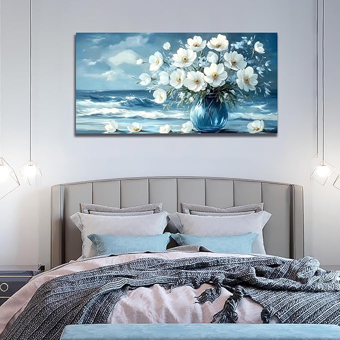 Flower Wall Art for Living Room, Ocean Canvas Wall-Decor for Bedroom, Blue and White Picture Print Artwork for Office, Size 48 x 24 Inches
