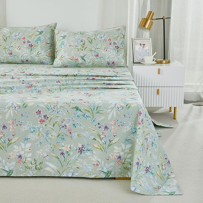 Brandream Garden Style Butterfly Floral Bedding Elegant Watercolor Painting Farmhouse King Size Bed Sheets Set Luxury Bedding Collections 800TC 100% Egyptian Cotton Deep Pocket, 4Pc Green