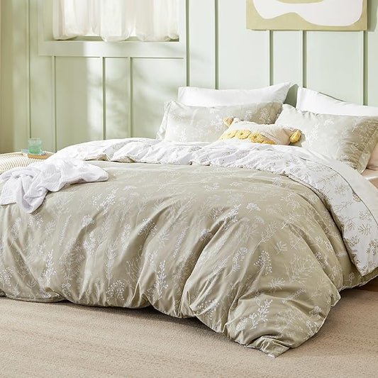 Bedsure King Comforter Set - Linen Bed Set, 3 Pieces Cute Floral Bedding, 1 Soft Reversible Botanical Flowers Comforter and 2 Pillow Shams