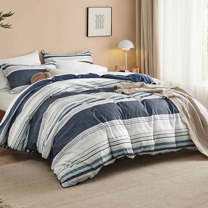 Bedsure Duvet Cover King Size - Reversible Striped Duvet Cover Set with Zipper Closure, 3 Pieces Blue Bedding Set with 8 Corner Ties and 2 Pillow Shams 20"x36"