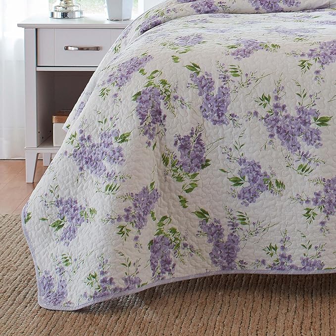 Laura Ashley - Twin Quilt Set, Reversible Cotton Bedding with Matching Sham, Lightweight Decor for All Seasons (Keighley Lilac, Twin)