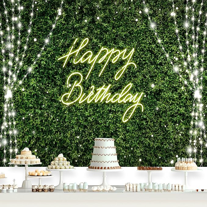 Riyidecor Green Happy Birthday Backdrop Polyester Fabric for Woman Rustic Spring Leaf Grass Neon 8Wx6H Feet Plant Botanical Leaves Nature Photography Background Birthday Baby Shower Photo Studio Shoot