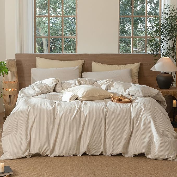 MooMee Striped Duvet Cover Set 100% Washed Cotton Linen Like Textured Breathable Durable Soft Comfy (Tannish Linen Grey White Pinstripes, Full 80"x90")